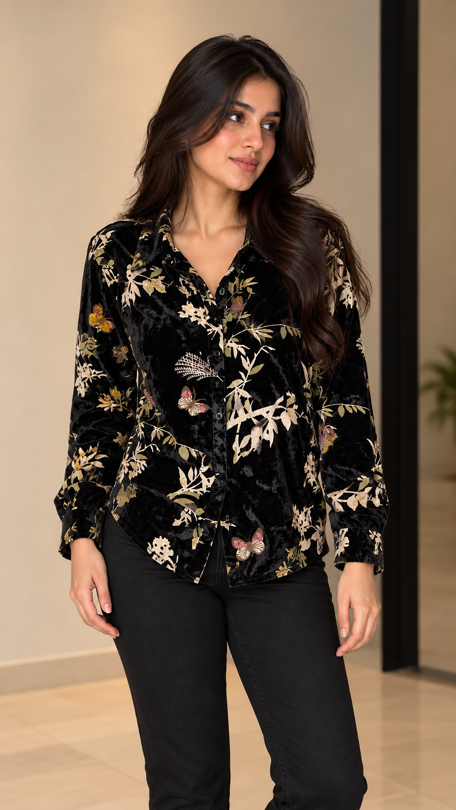 Black Botanical Velvet Printed Shirt
