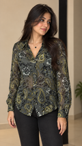 Olive Grey Floral Paisley Velvet Printed Shirt