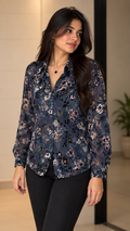 Navy Floral Velvet Printed Shirt