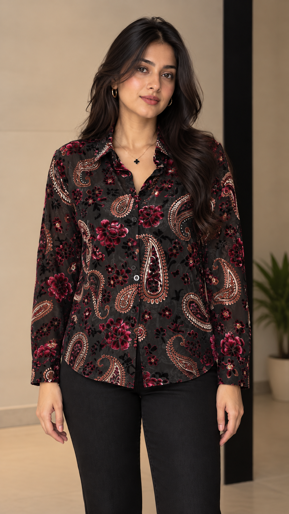 Black Magenta Paisley Velvet Printed Shirt