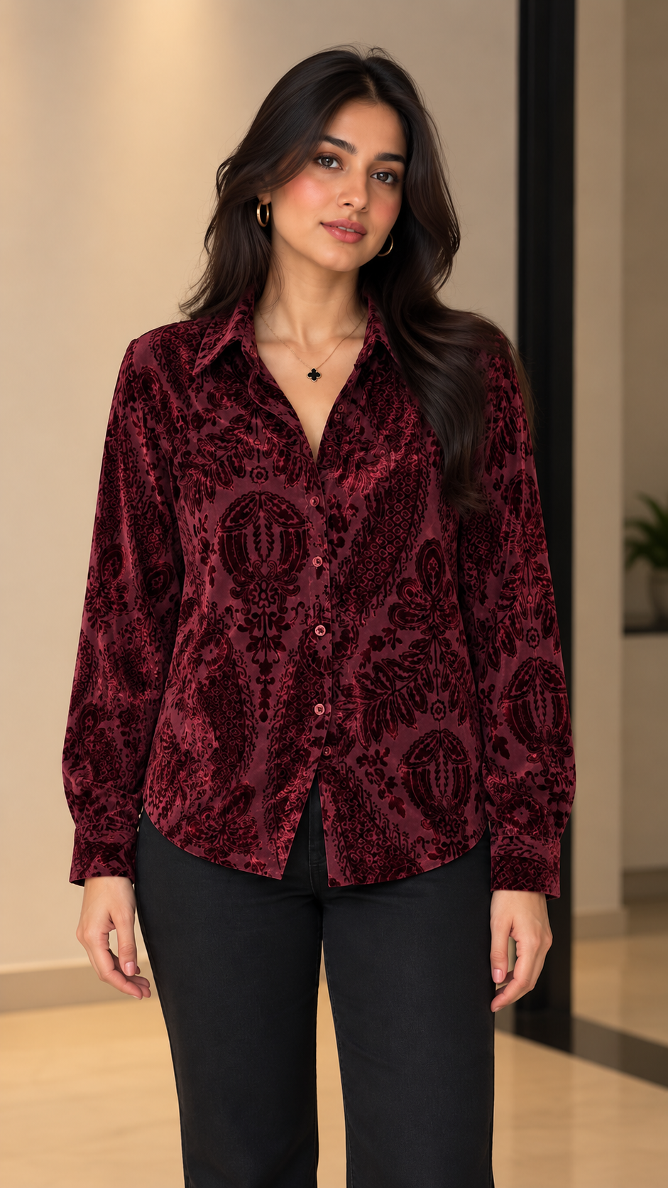 Burgundy Tonal Paisley Velvet Printed Shirt