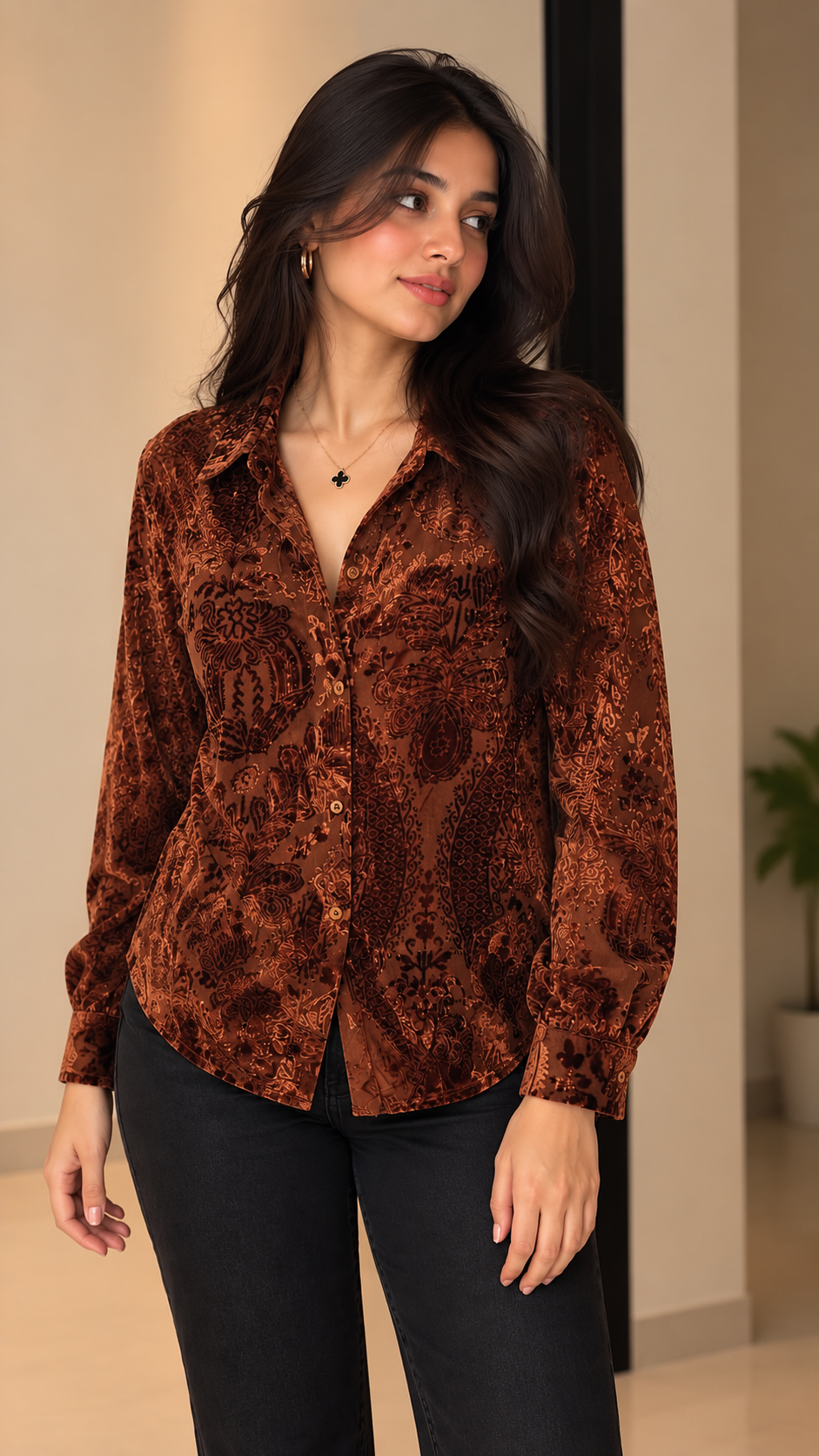 Rust Paisley Velvet Printed Shirt
