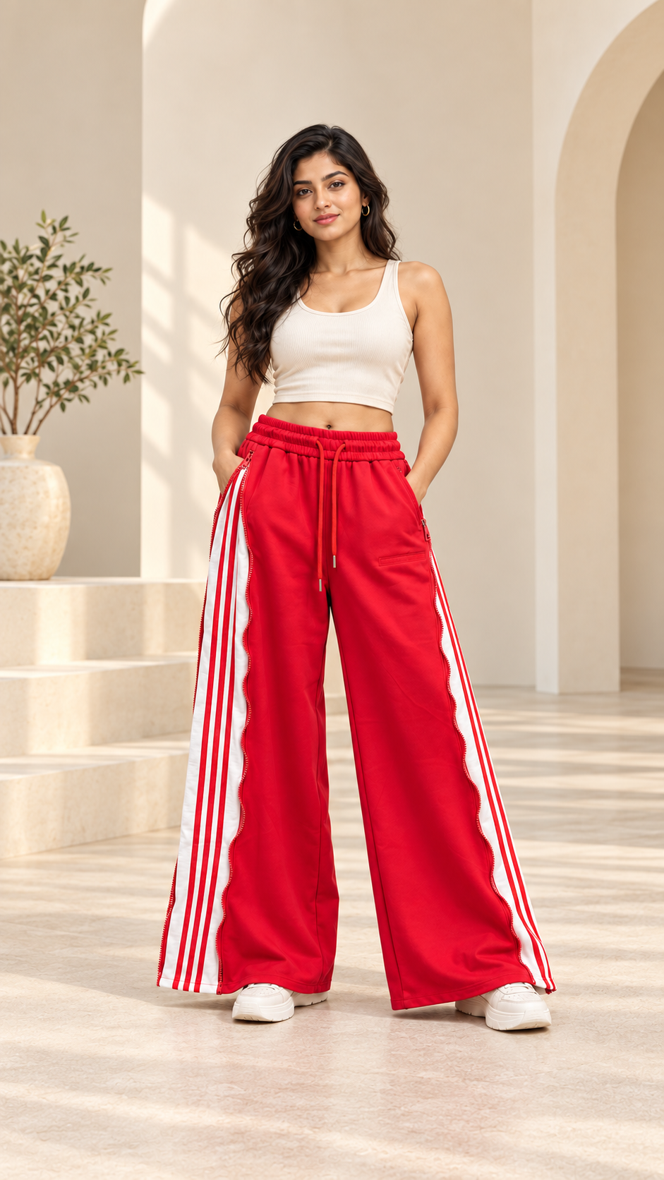 Red Convertible Side-Zip Wide-Leg Joggers