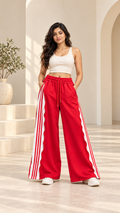 Red Convertible Side-Zip Wide-Leg Joggers