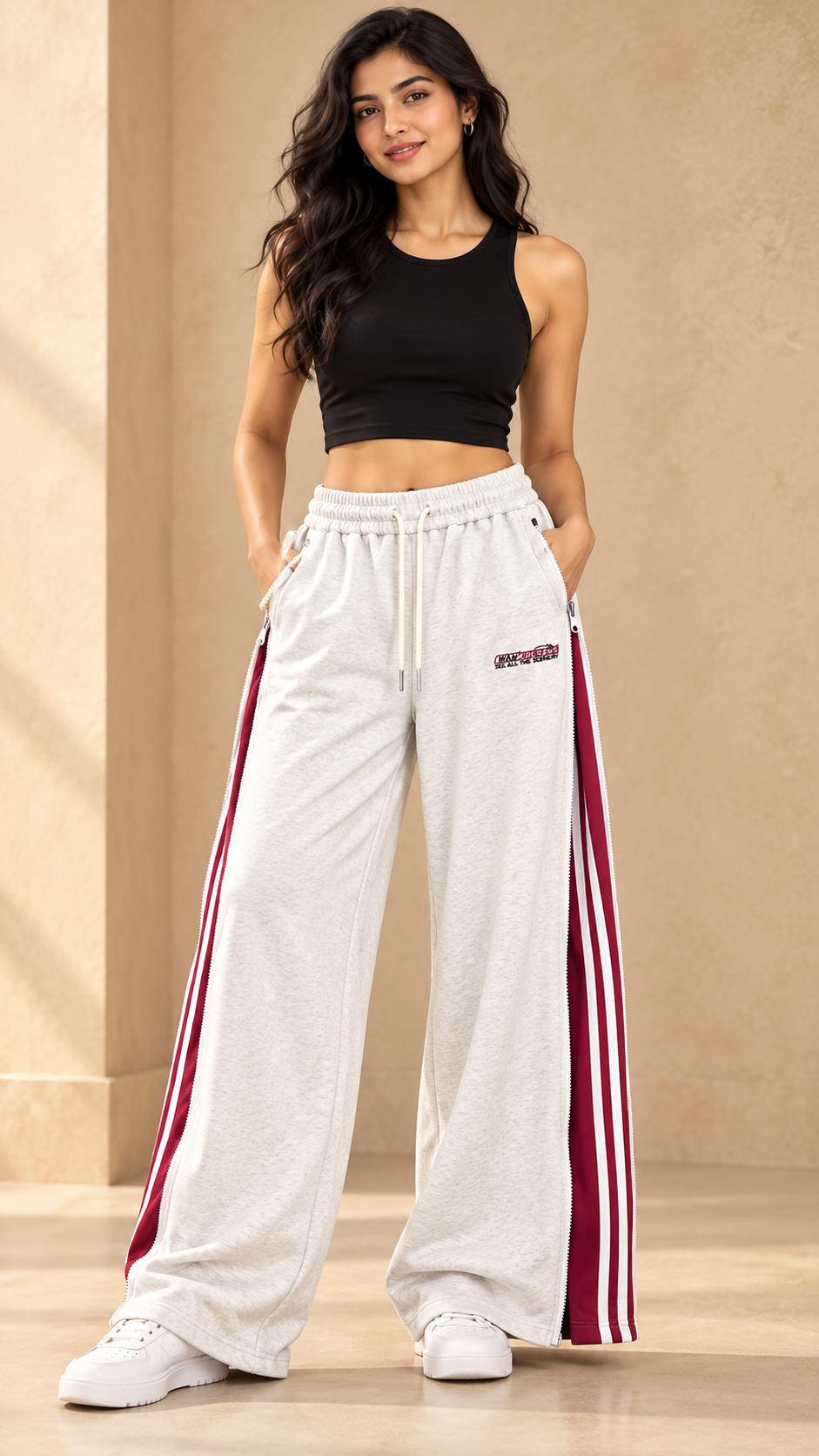 White Convertible Side-Zip Wide-Leg Joggers