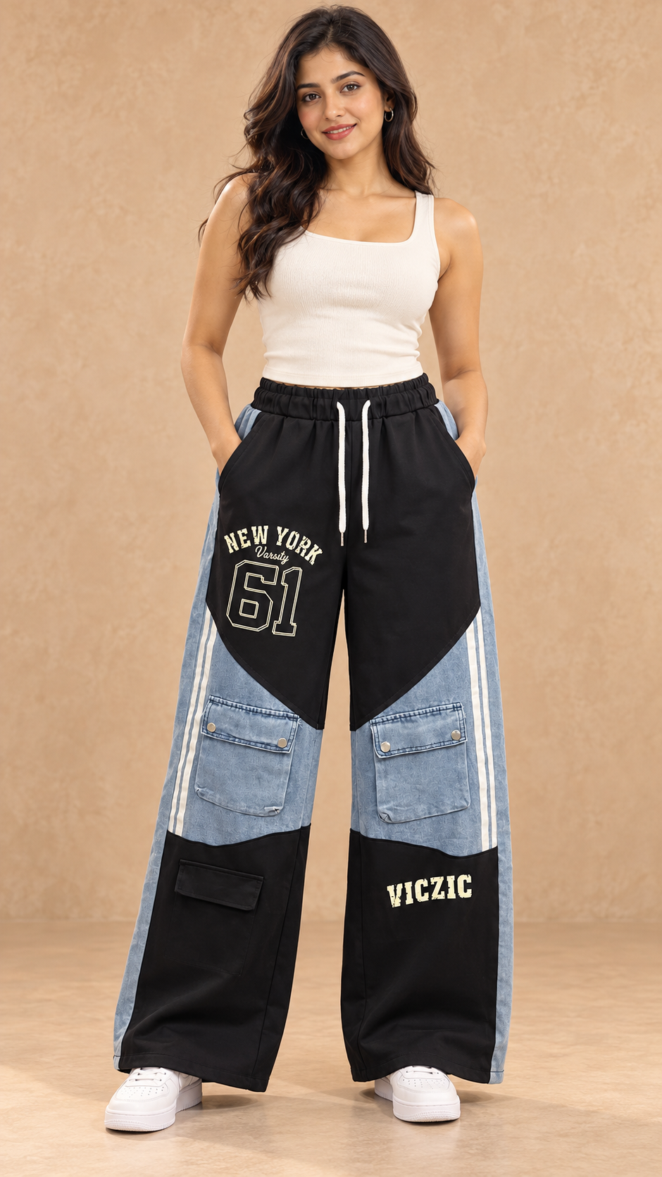 Black & Blue Colour-Block Wide-Leg Joggers
