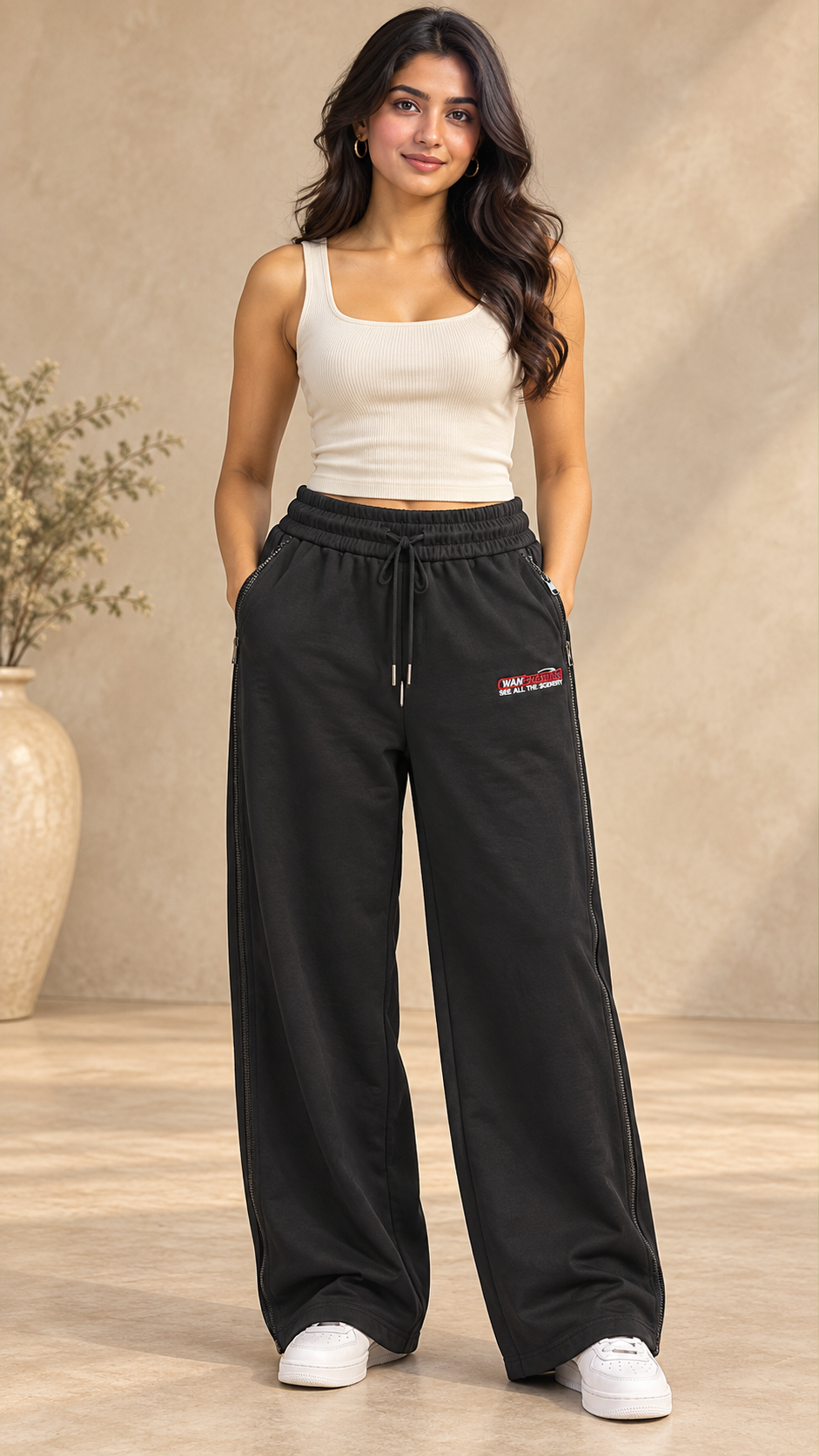 Black Zip-Reveal Wide-Leg Joggers