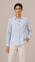 Pastel Blue Floral Embroidered Button-Down Shirt