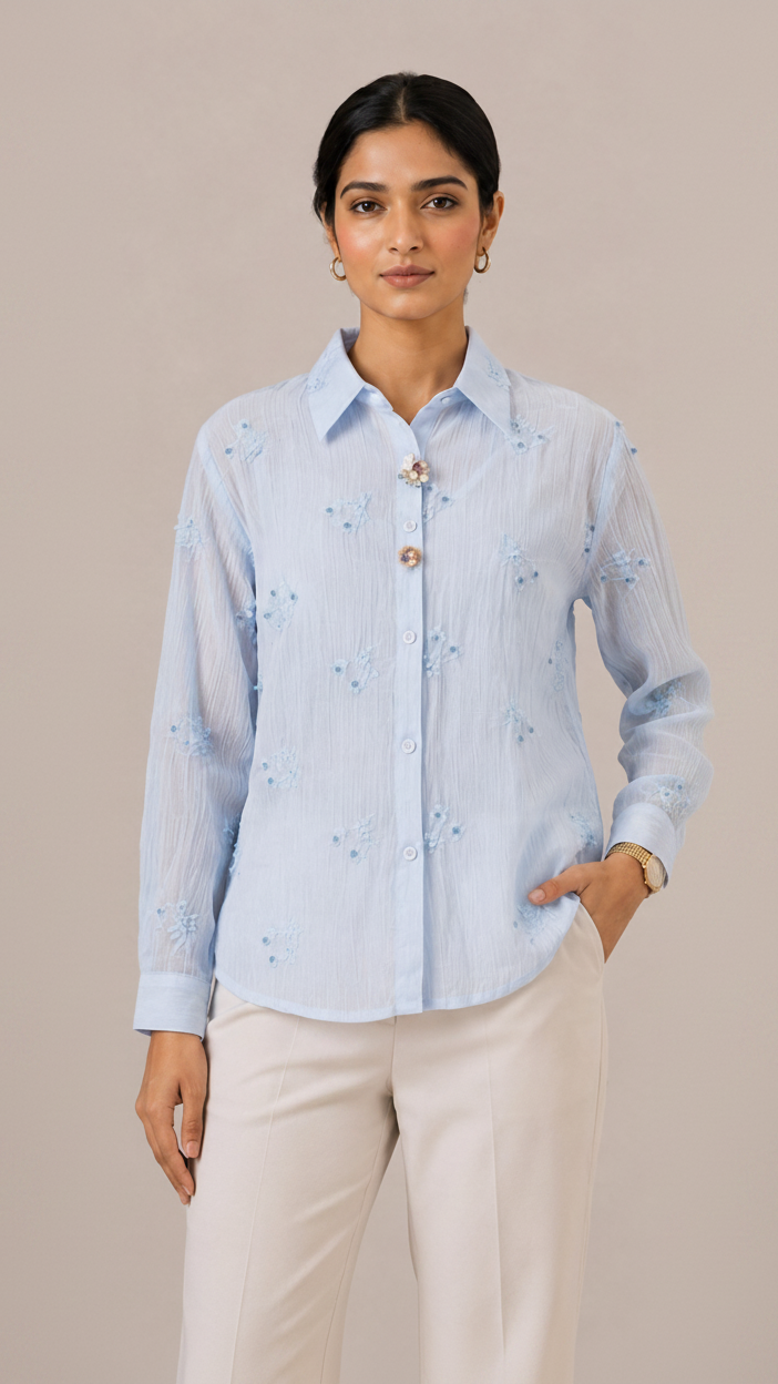 Pastel Blue Floral Embroidered Button-Down Shirt