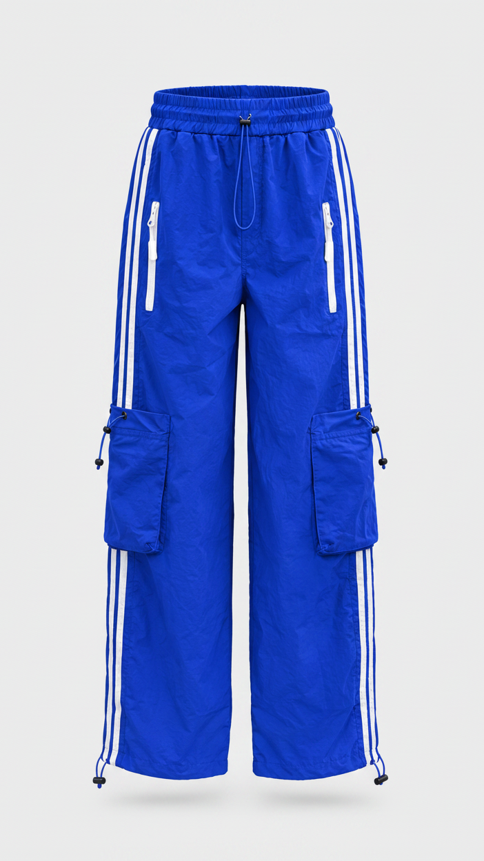 Royal Blue Striped Wide-Leg Cargo Joggers