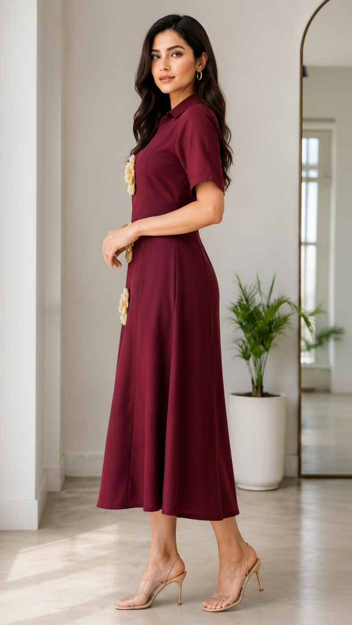 Maroon Elegance 3-Flower Embellished Midi Dress