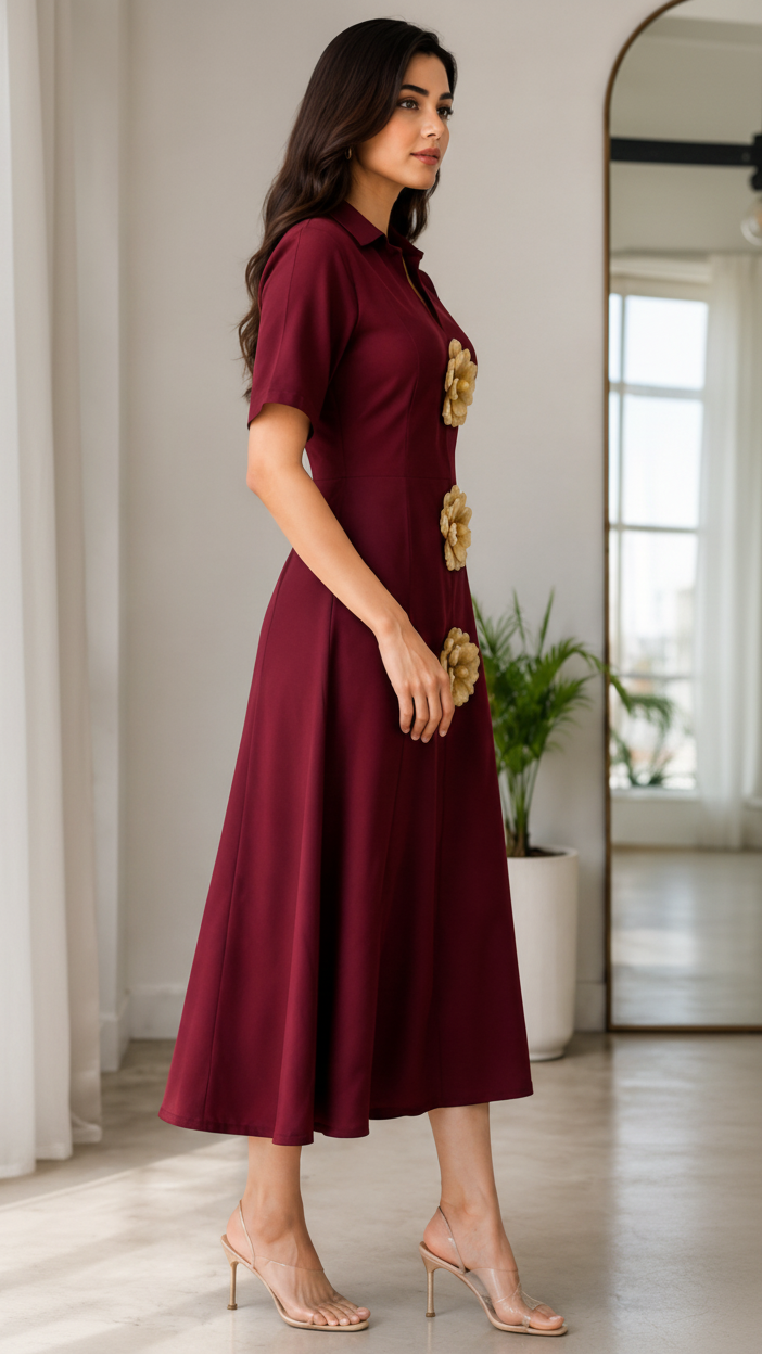 Maroon Elegance 3-Flower Embellished Midi Dress