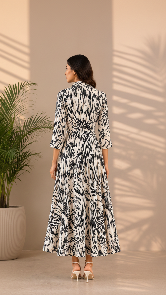 Monochrome Abstract Print Collared Midi Dress