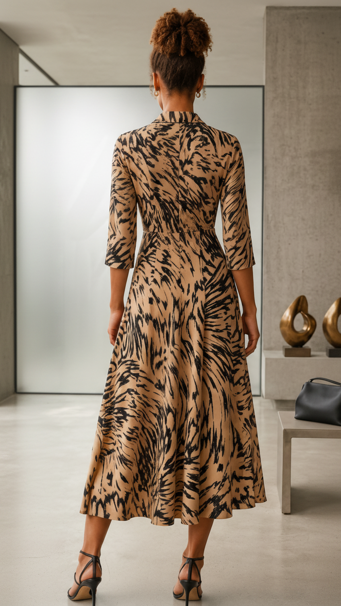 Earthy Abstract Print Wrap-Style Midi Dress