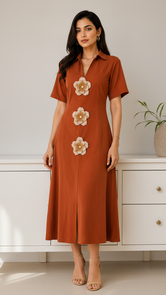 Terracotta Chic 3-Flower Embellished Midi Dress