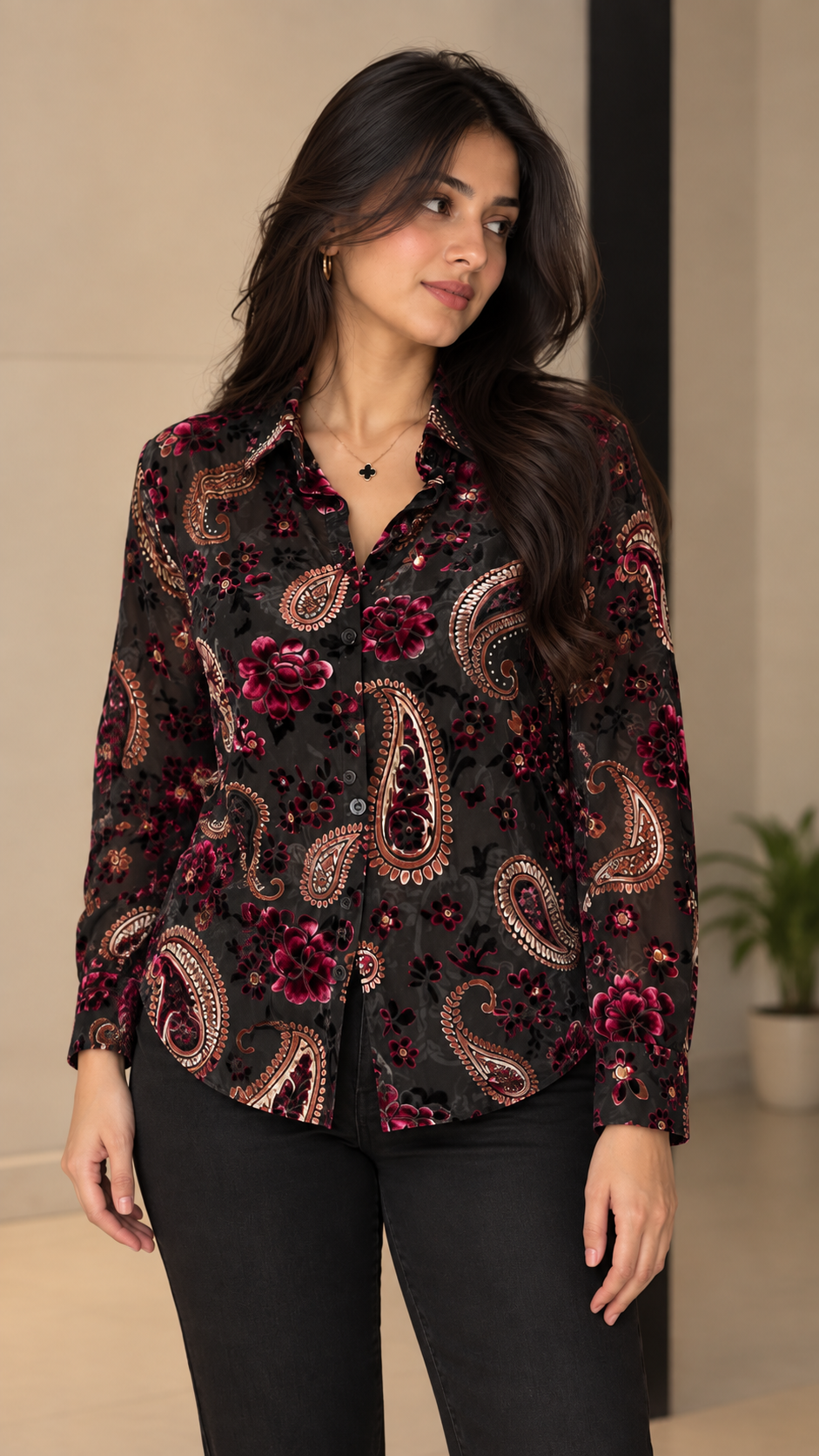 Black Magenta Paisley Velvet Printed Shirt