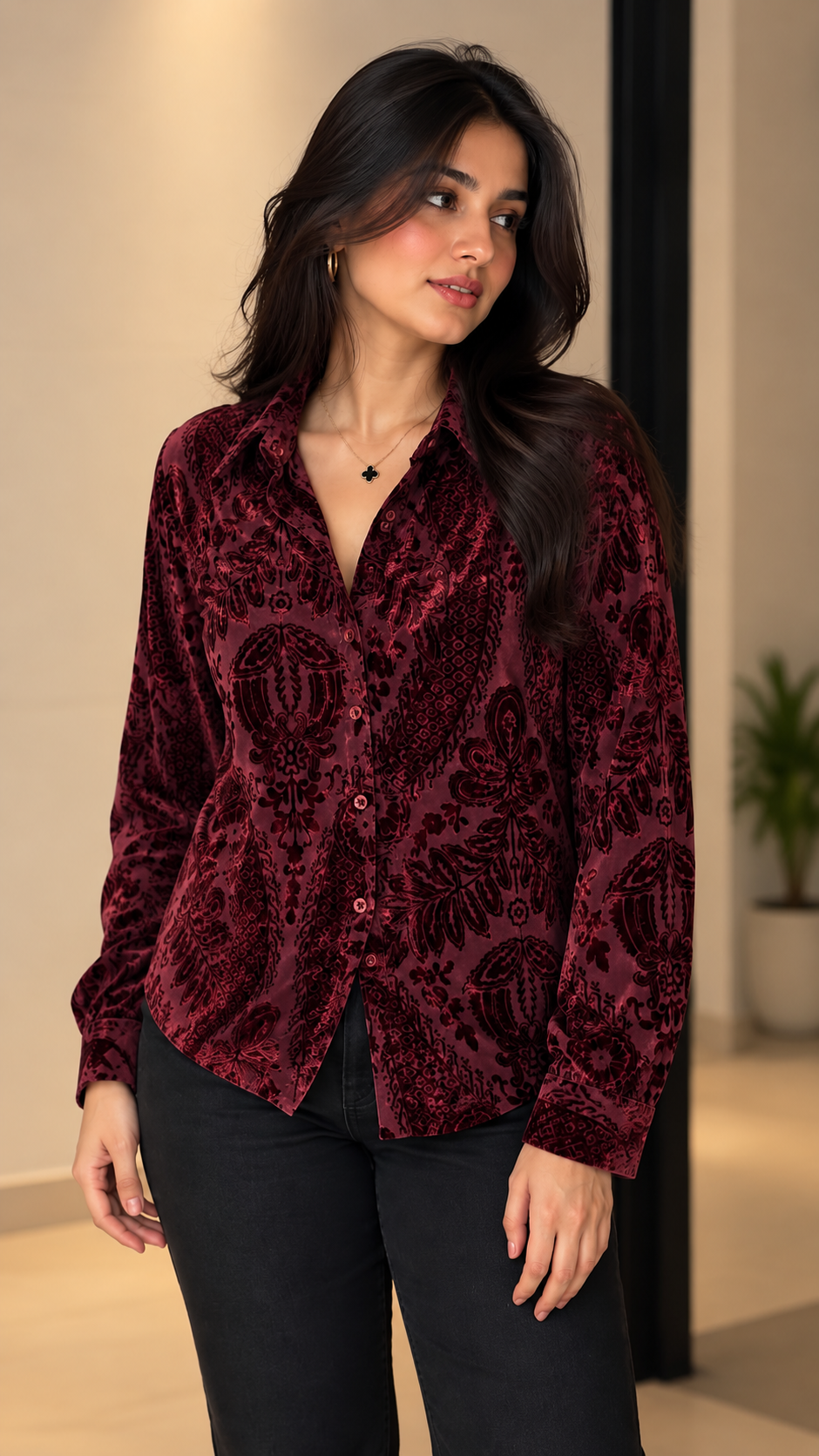 Burgundy Tonal Paisley Velvet Printed Shirt