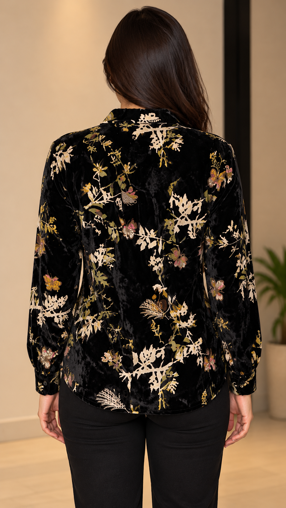 Black Botanical Velvet Printed Shirt
