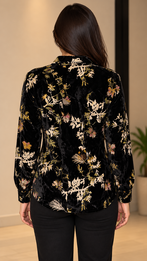 Black Botanical Velvet Printed Shirt