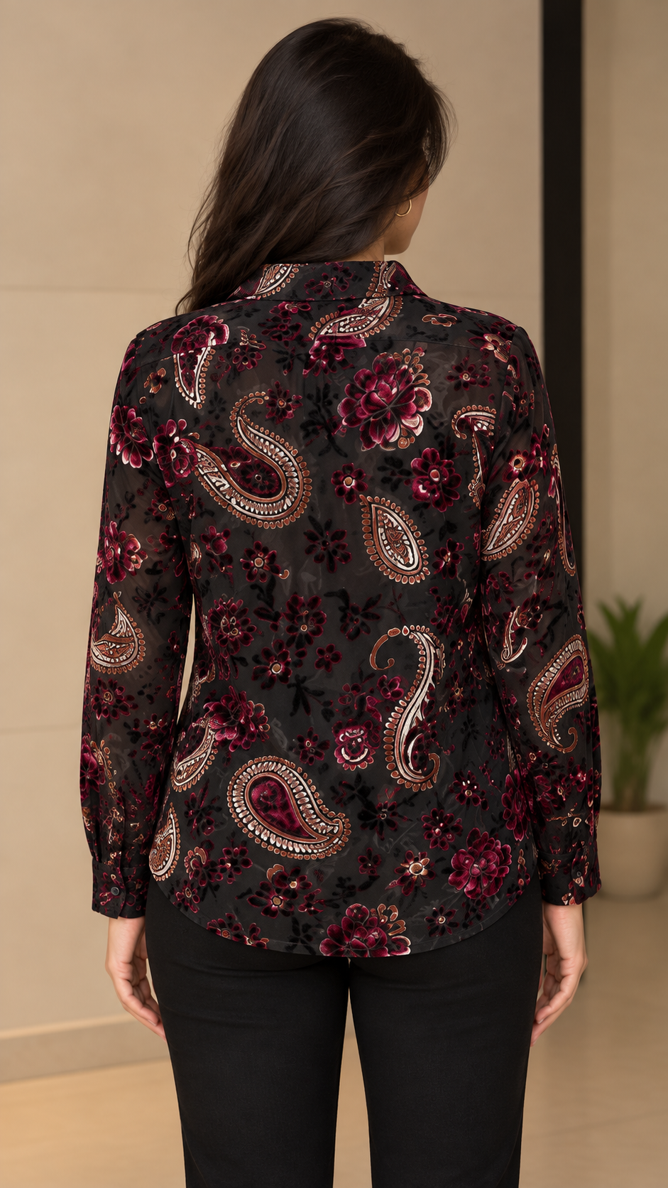 Black Magenta Paisley Velvet Printed Shirt