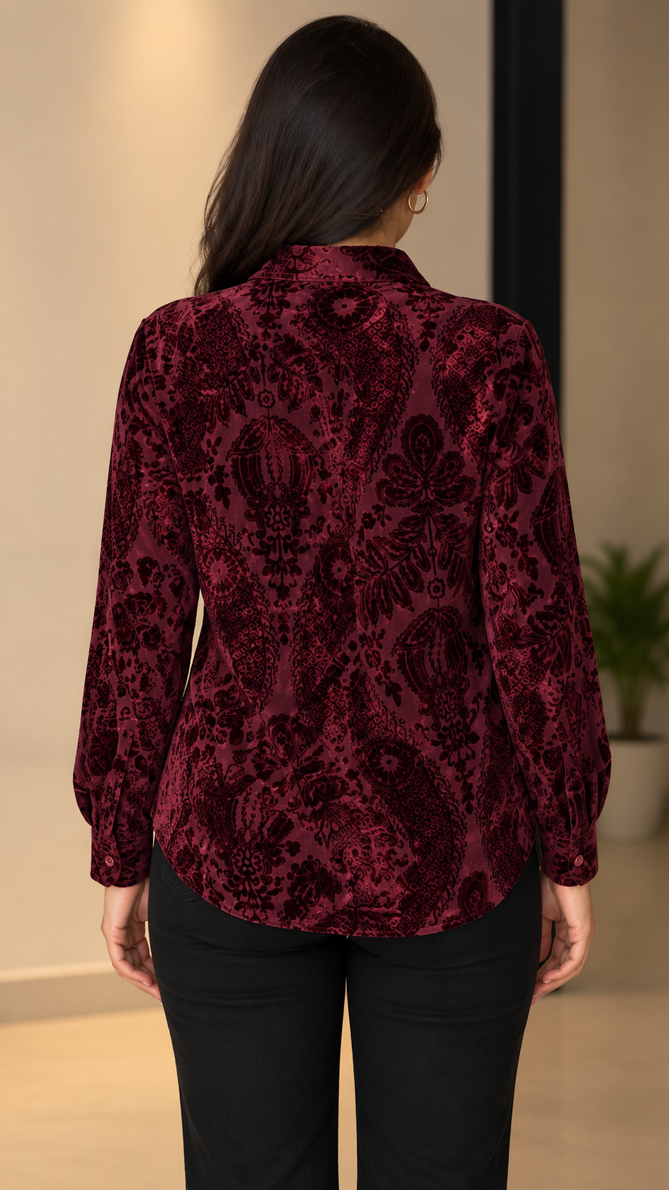 Burgundy Tonal Paisley Velvet Printed Shirt