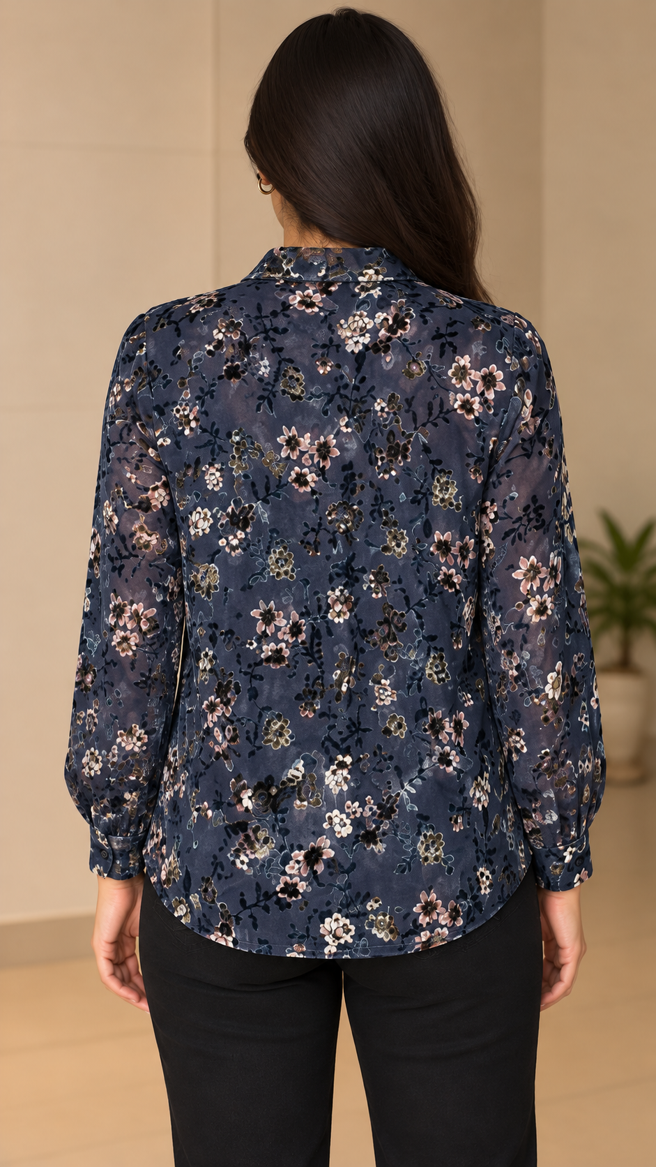 Navy Floral Velvet Printed Shirt