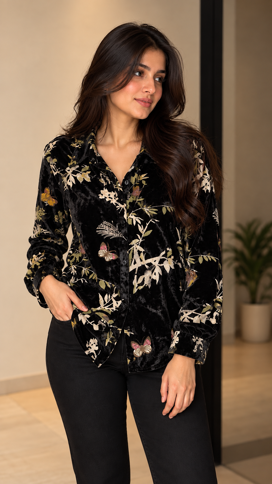 Black Botanical Velvet Printed Shirt