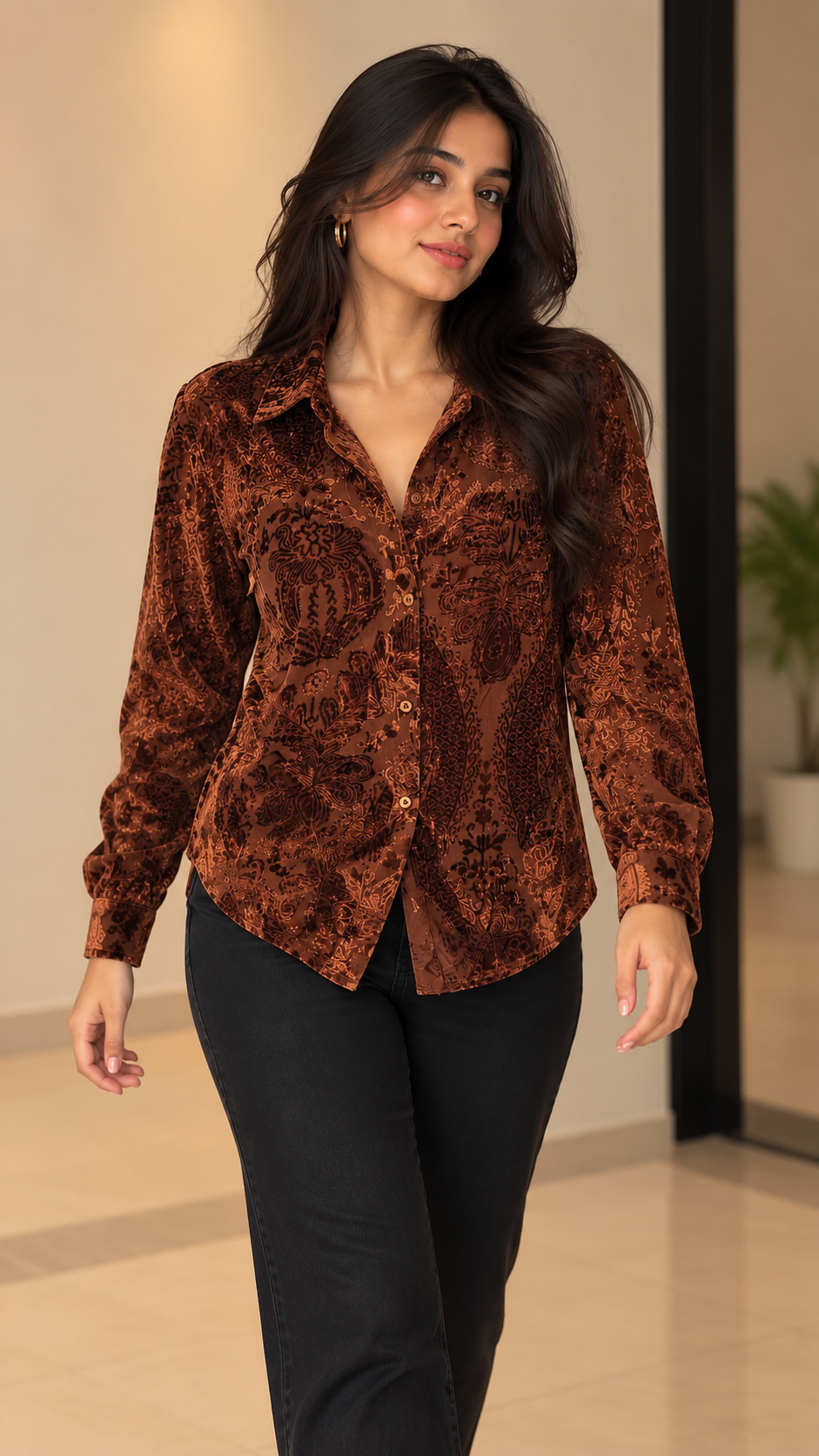 Rust Paisley Velvet Printed Shirt