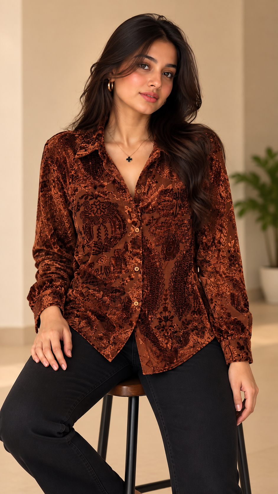 Rust Paisley Velvet Printed Shirt