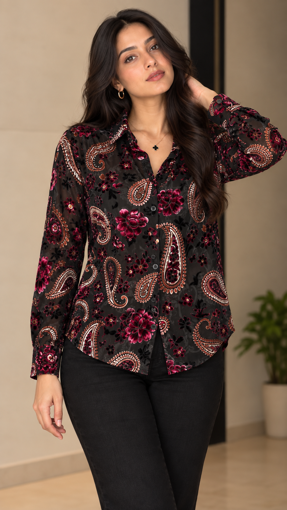 Black Magenta Paisley Velvet Printed Shirt