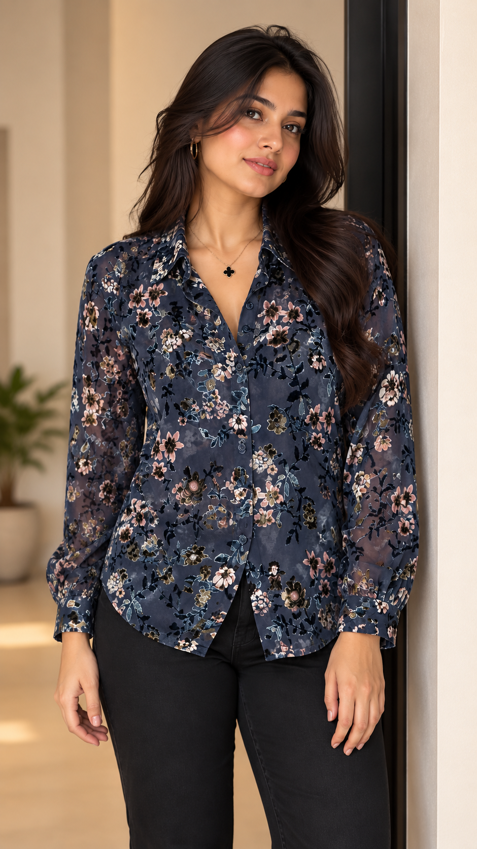 Navy Floral Velvet Printed Shirt