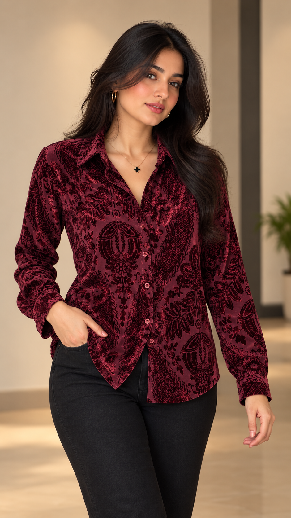 Burgundy Tonal Paisley Velvet Printed Shirt