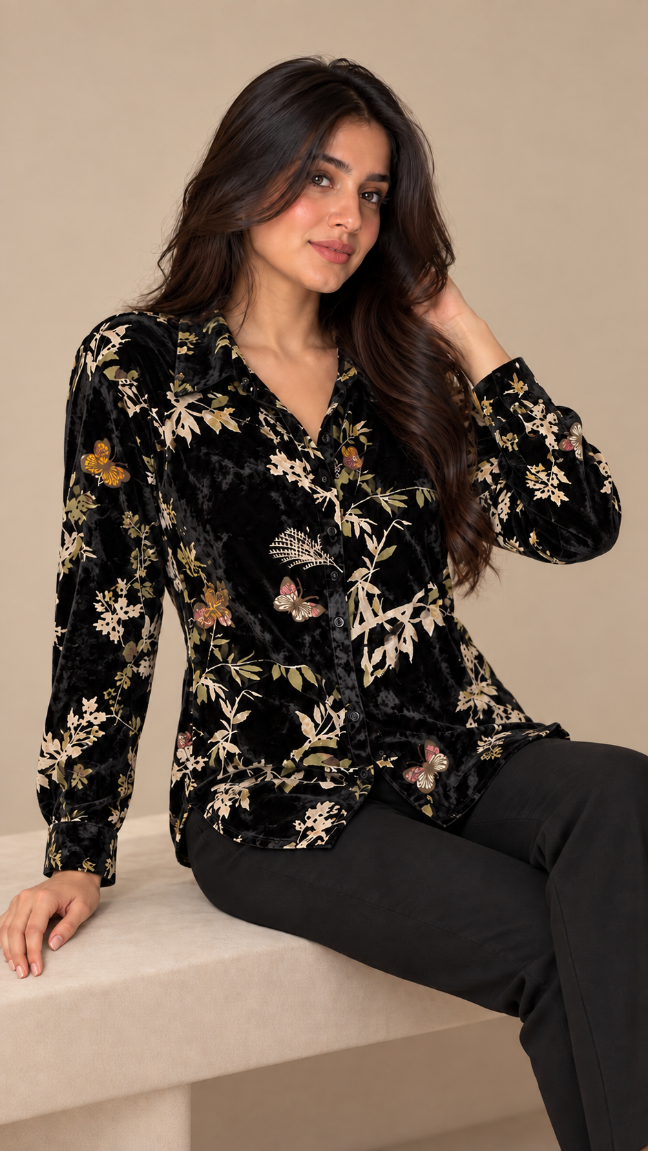 Black Botanical Velvet Printed Shirt