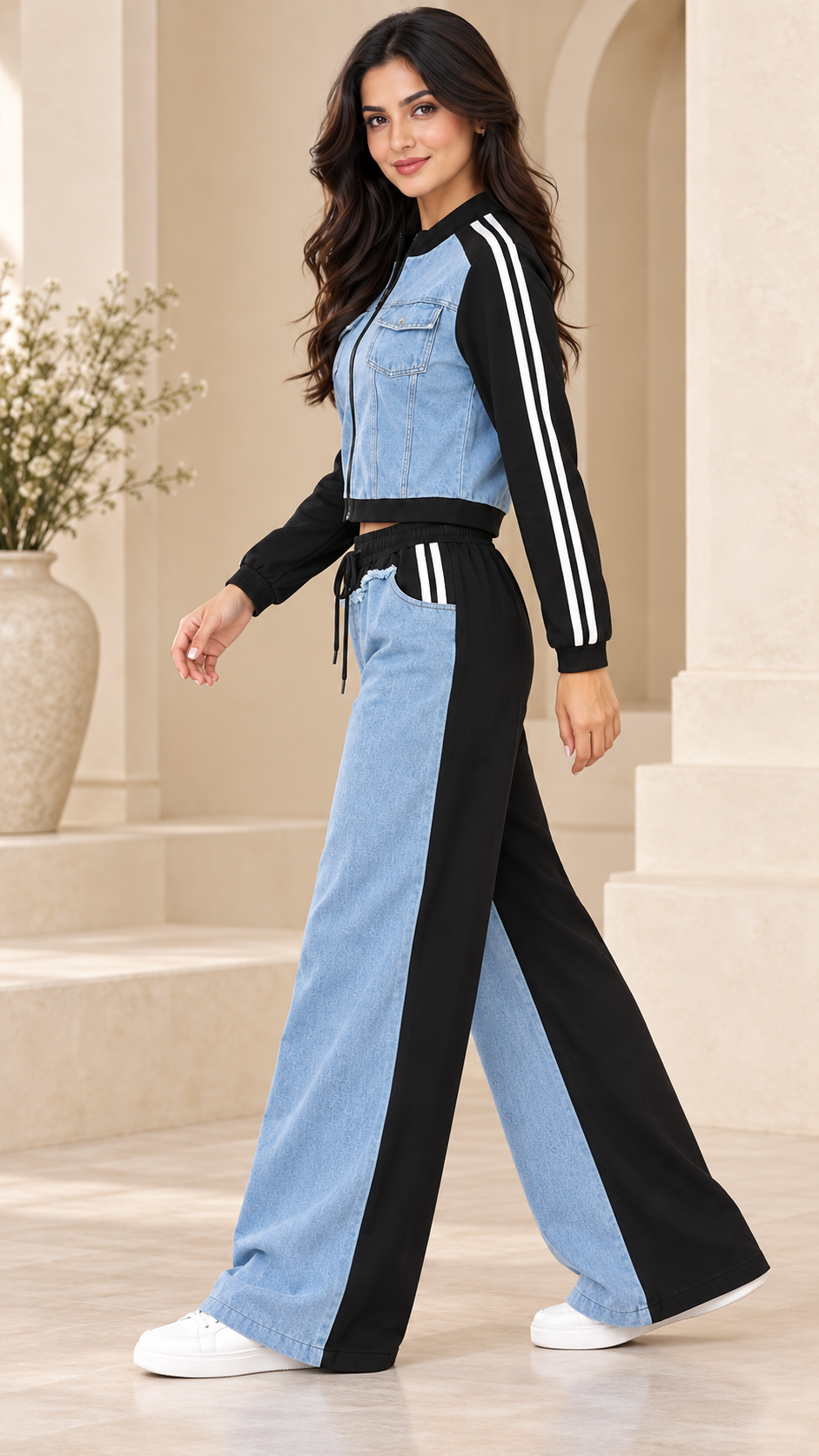 Denim-Panel Co-ord Set – Blue & Black