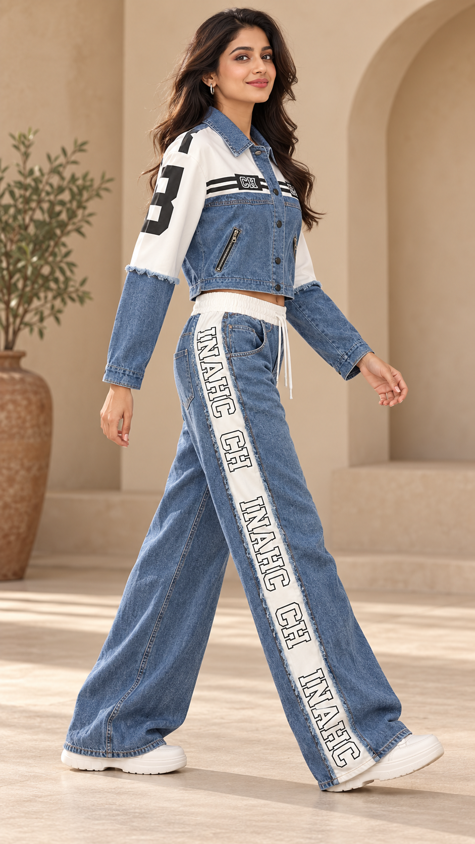 White & Blue Denim Graphic Co-ord Set