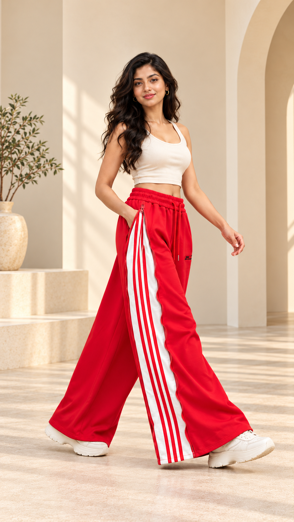 Red Convertible Side-Zip Wide-Leg Joggers