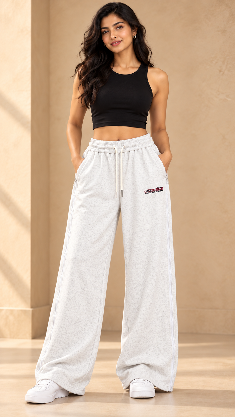 White Convertible Side-Zip Wide-Leg Joggers