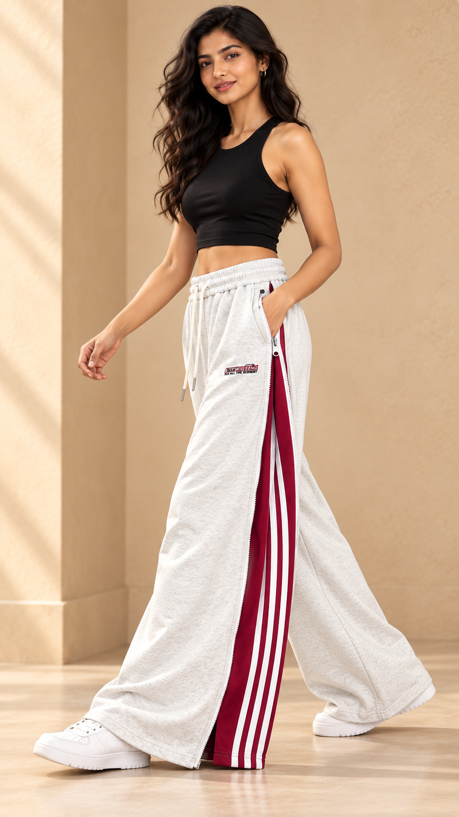 White Convertible Side-Zip Wide-Leg Joggers