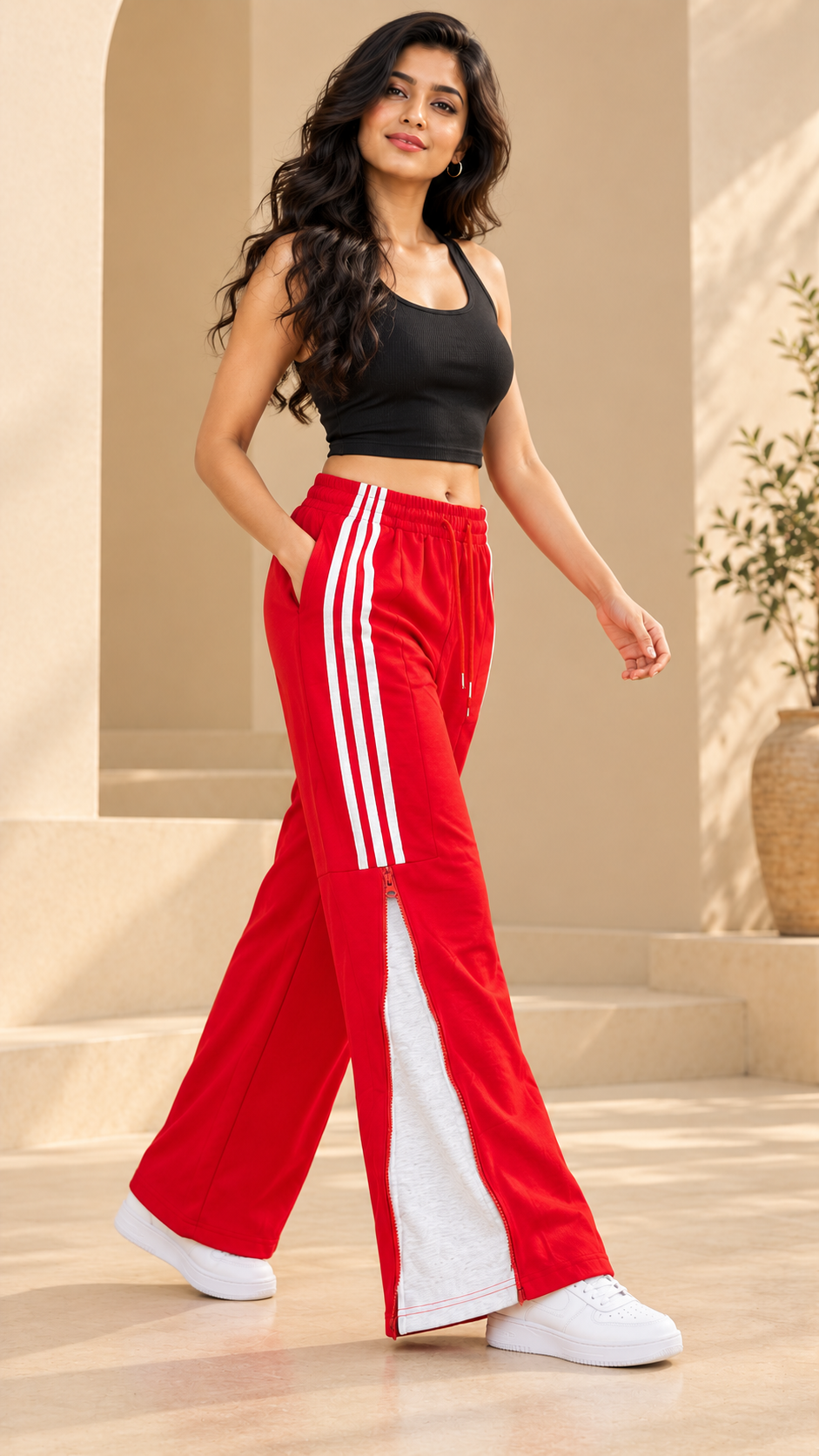 Red Striped Wide-Leg Joggers with Zip-Open Panels