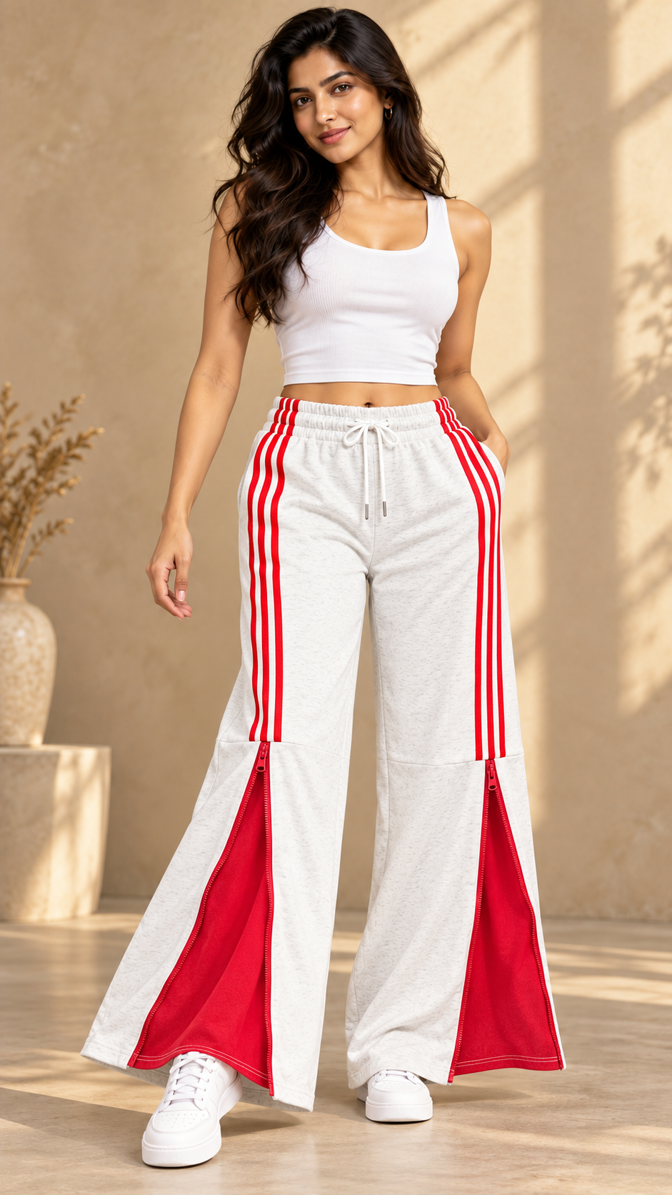 White Striped Wide-Leg Joggers with Zip-Open Red Panels