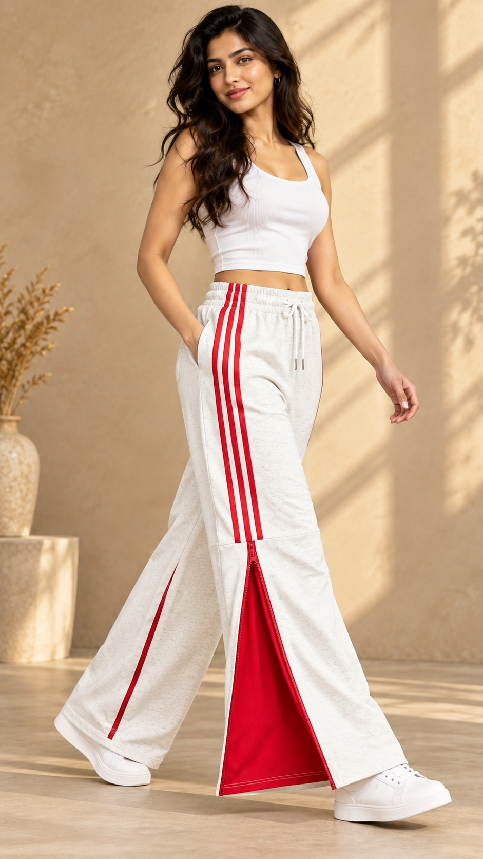 White Striped Wide-Leg Joggers with Zip-Open Red Panels