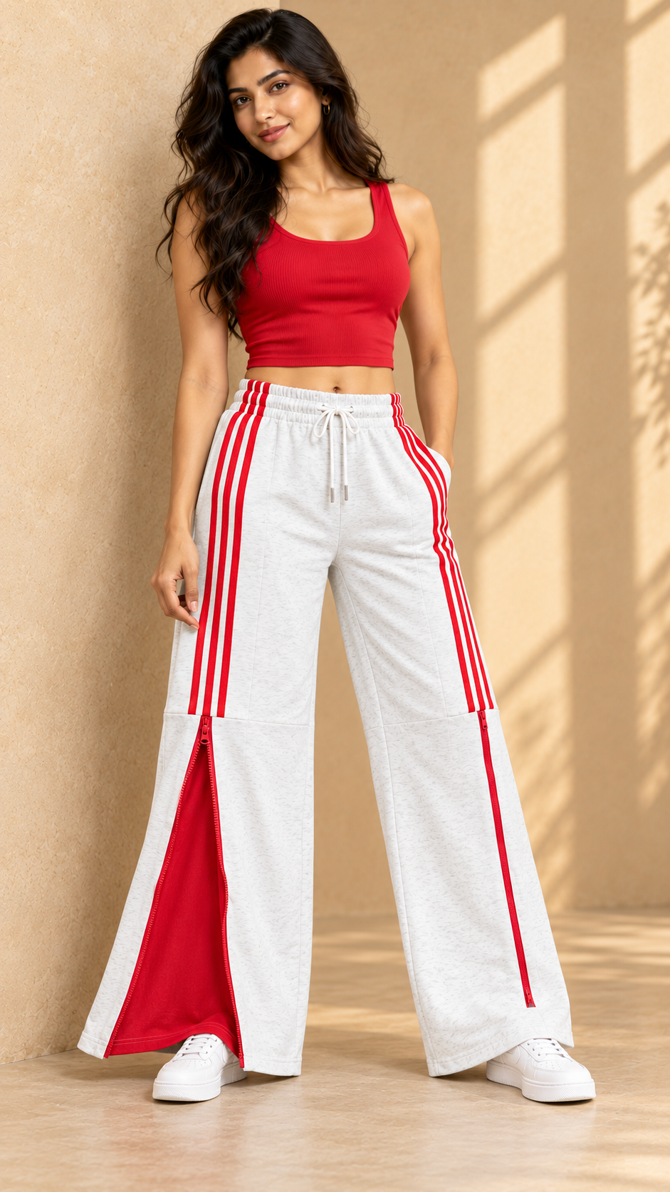 White Striped Wide-Leg Joggers with Zip-Open Red Panels