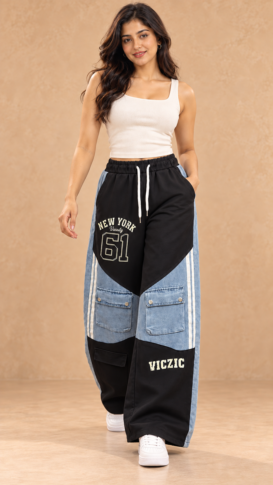 Black & Blue Colour-Block Wide-Leg Joggers