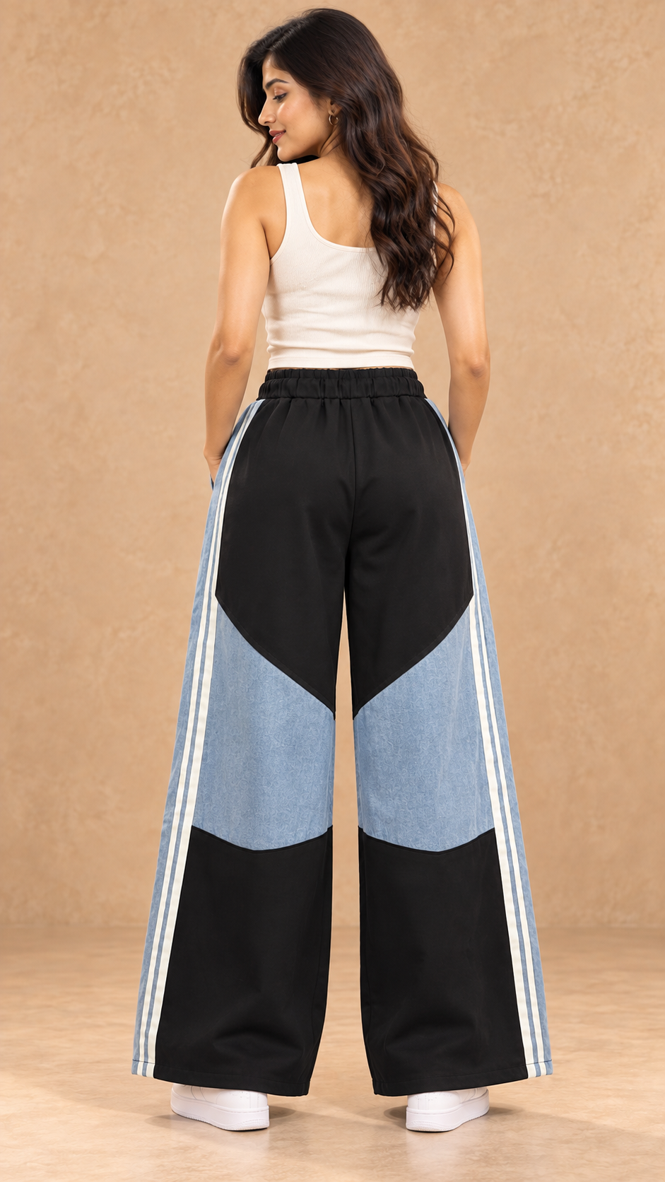 Black & Blue Colour-Block Wide-Leg Joggers