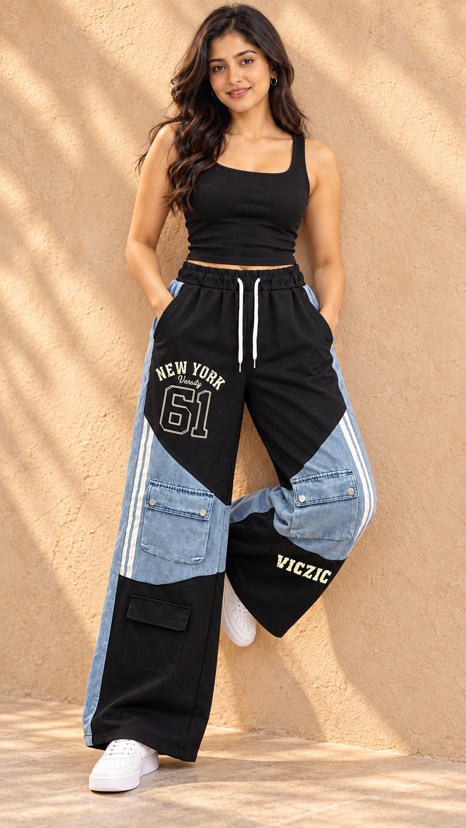 Black & Blue Colour-Block Wide-Leg Joggers