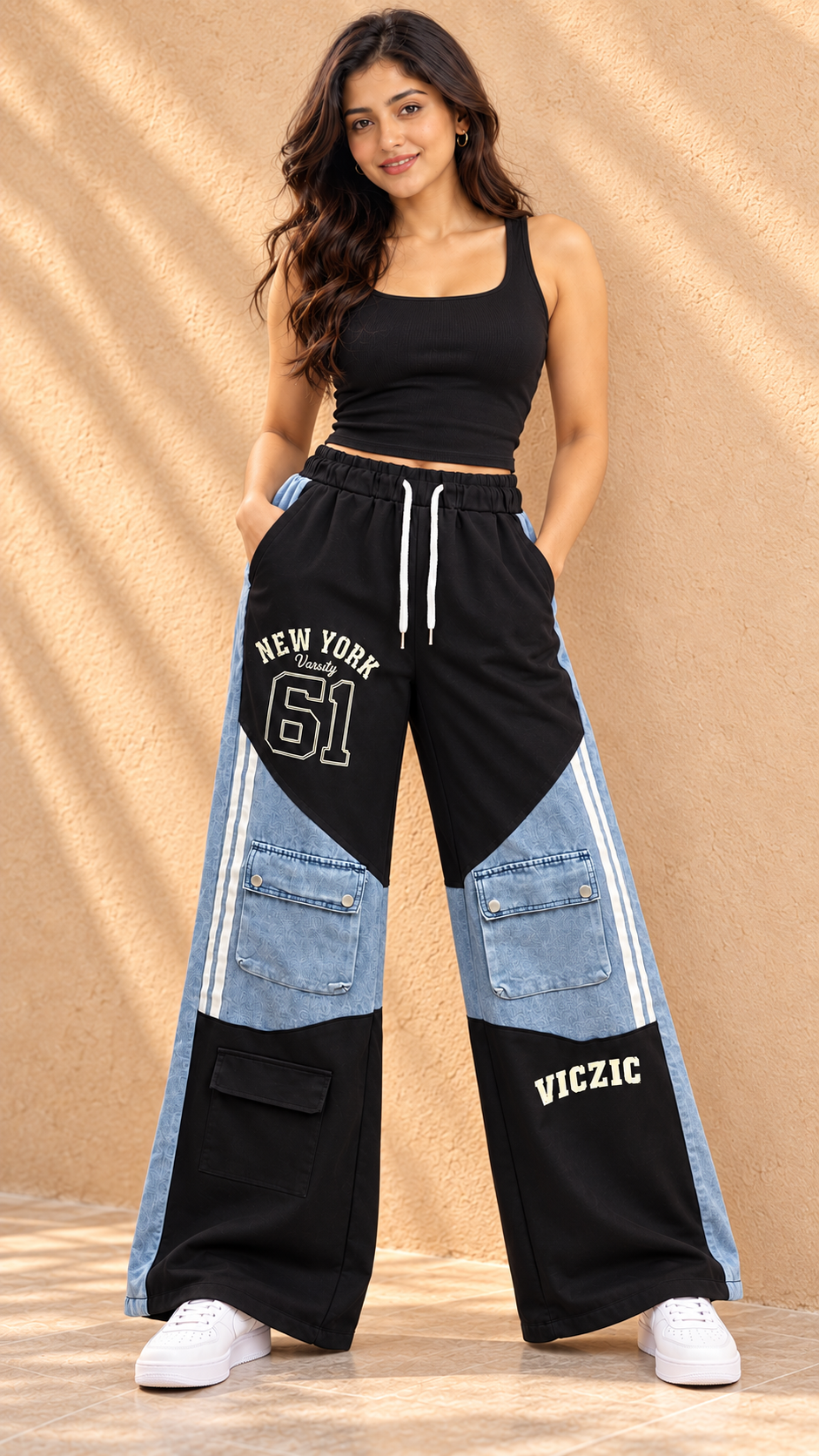 Black & Blue Colour-Block Wide-Leg Joggers