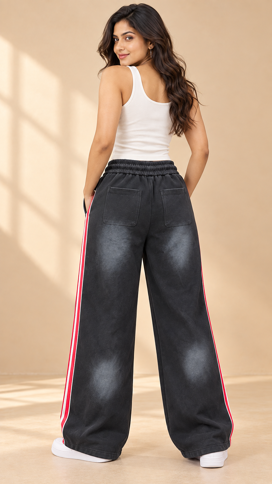 Charcoal Red Stripe Wide-Leg Joggers