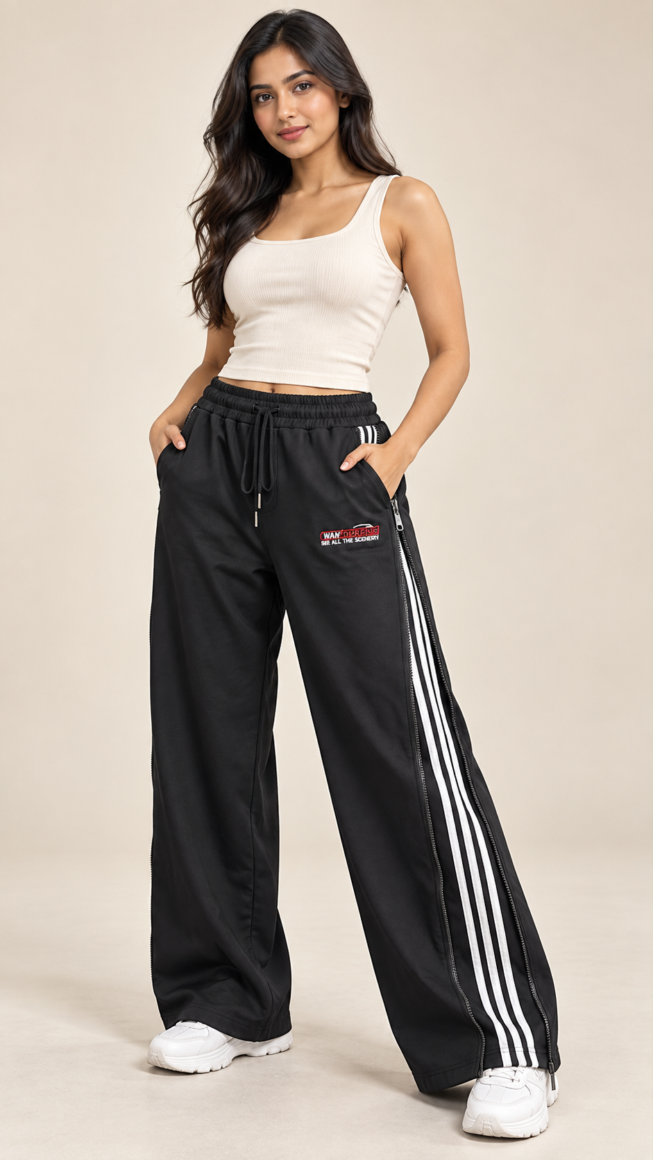 Black Zip-Reveal Wide-Leg Joggers