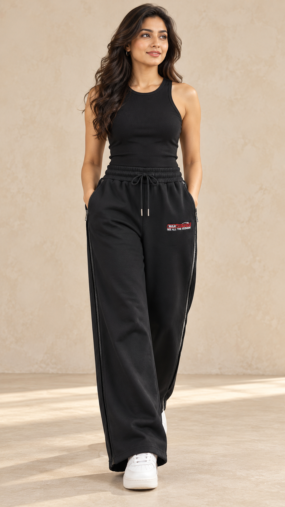 Black Zip-Reveal Wide-Leg Joggers