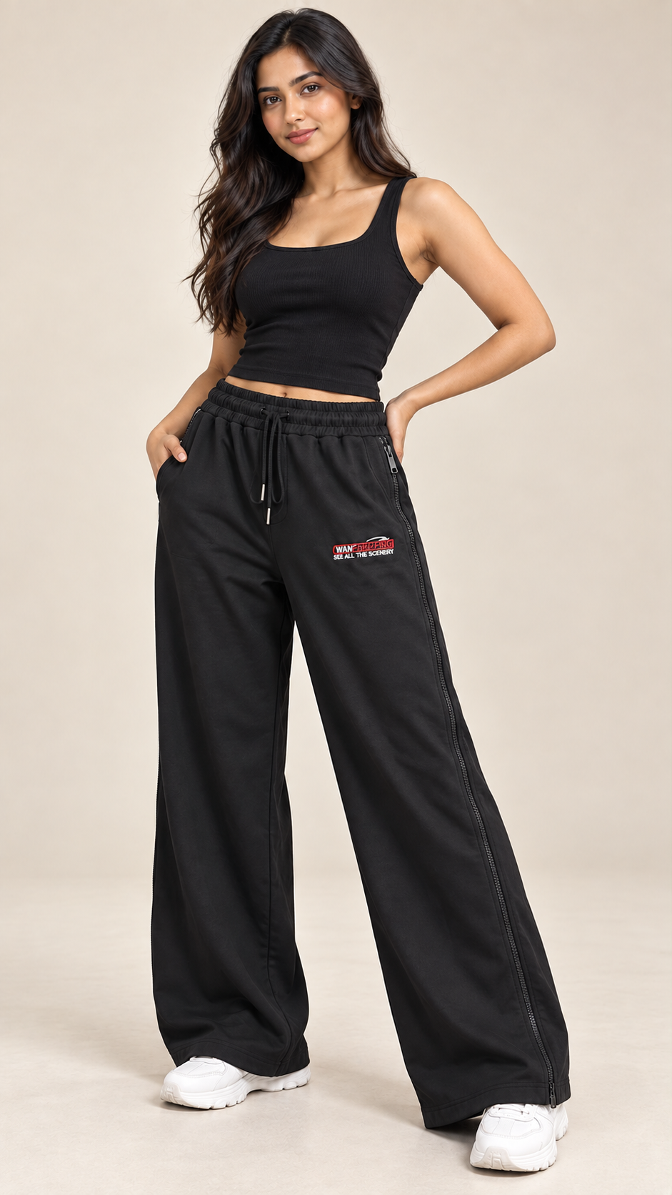 Black Zip-Reveal Wide-Leg Joggers